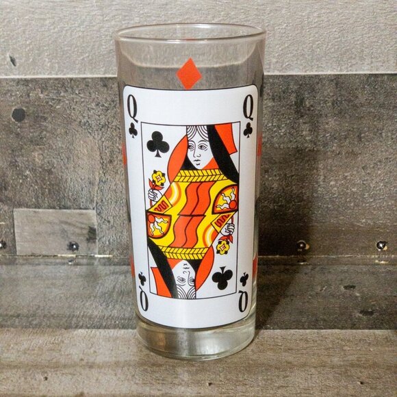 VINTAGE PLAYING CARDS HIGHBALL COCKTAIL GLASSES SPADES QUEEN ACE CLUBS SET OF 2 - Picture 6 of 8